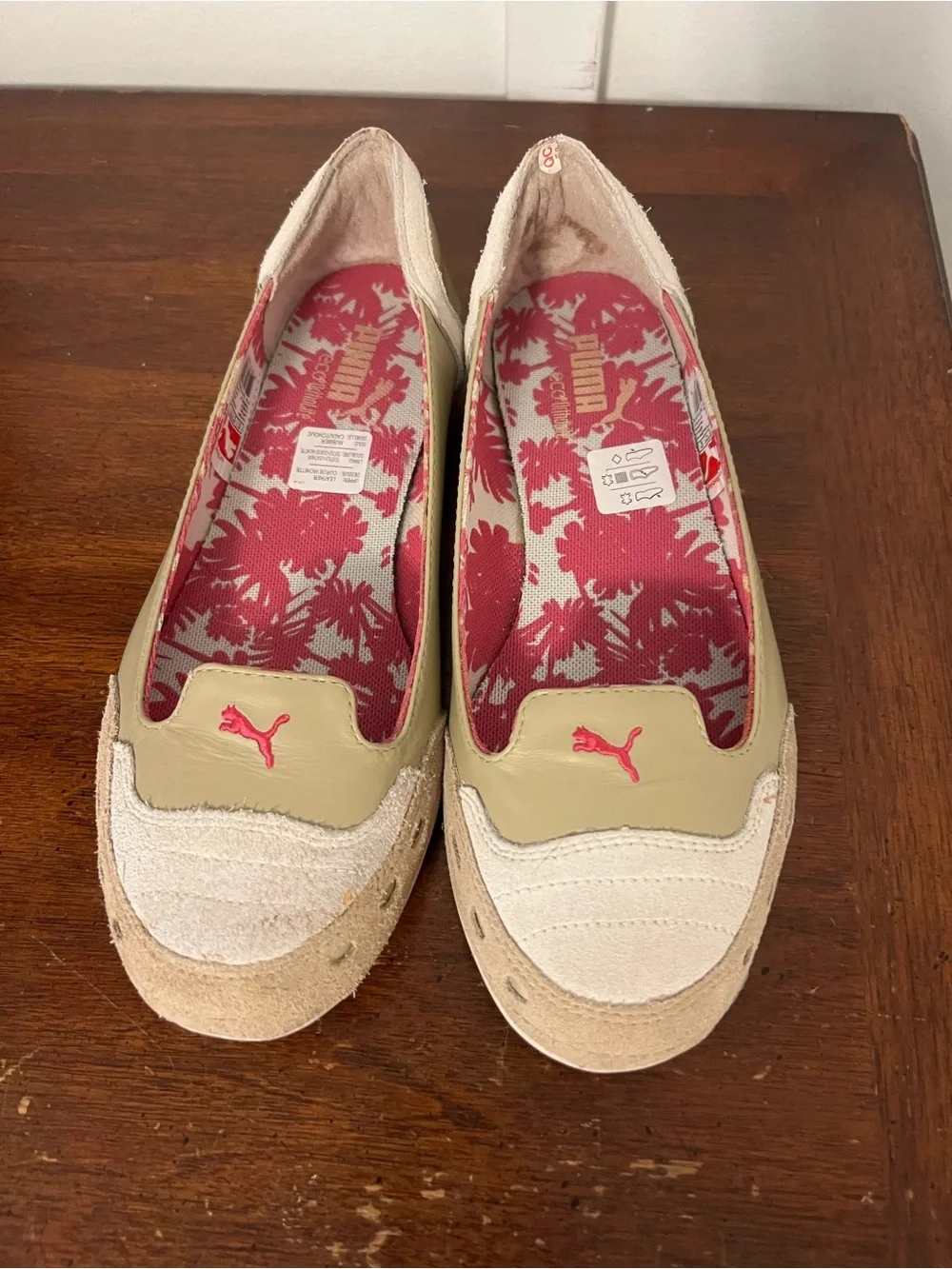 Puma Beige and Pink Floral-Lined Slip-On Flats size 7.5